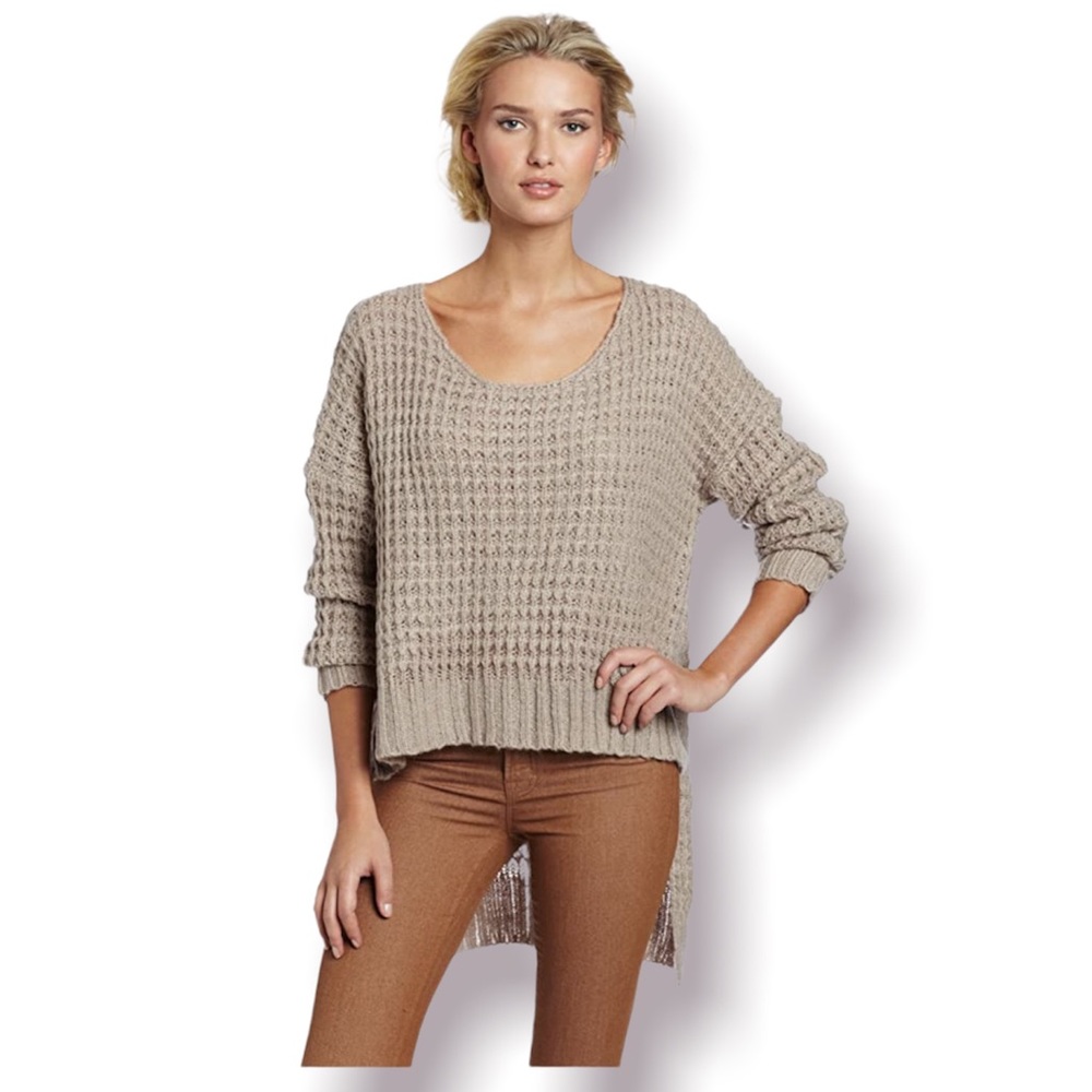 BCBGENERATION Sweater Waffle Knit High Low Wool Blend Tan Medium